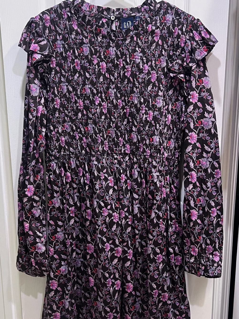 GAP Black Floral Smocked Long-Sleeve Dress with Pink Accents - Picture 2 of 8